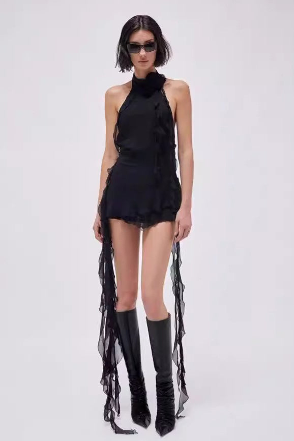 Asymmetric Rosette Applique Halter Mini Dress