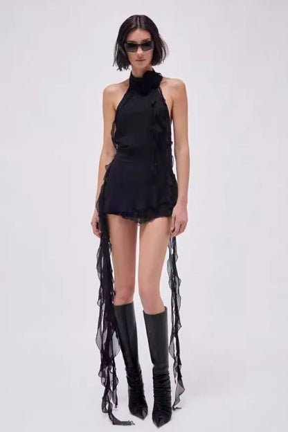 Asymmetric Rosette Applique Halter Mini Dress