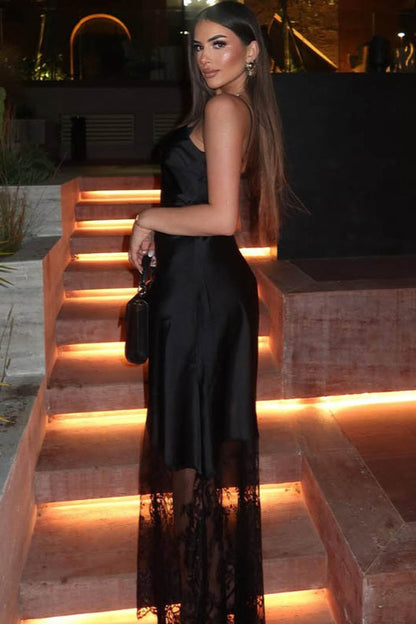 Lace Sheer Insert Lace-Up Open Back Plunge Lace Dress