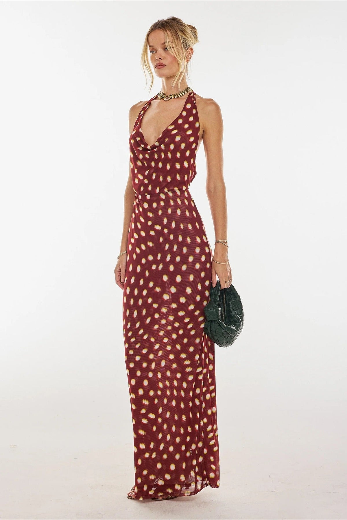 Red Halter Cowl Neck Dropped Waist Gathered Polka Dot Maxi Dress