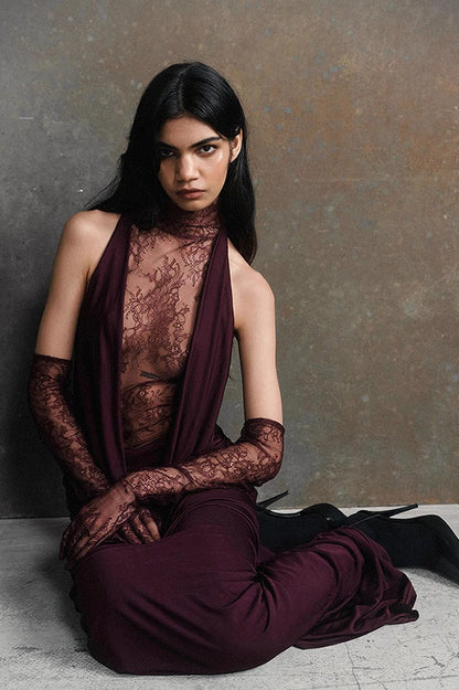 High Neck Lace Illusion Panel Halter Draped Maxi Formal Gown