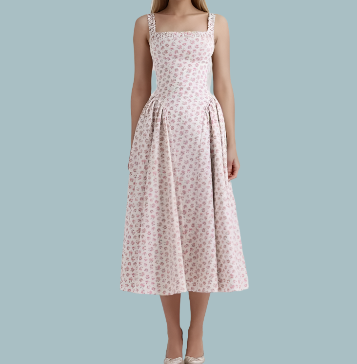Square Neck Ruffle Strap Ditsy Floral Fit and Flare Midi Dress
