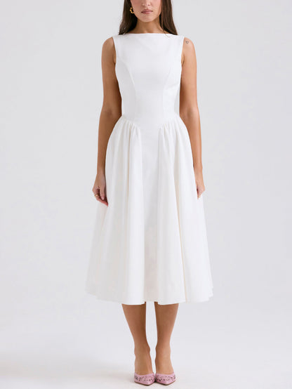 Boat Neck Drop Waist Pleated Backless Midi Dress