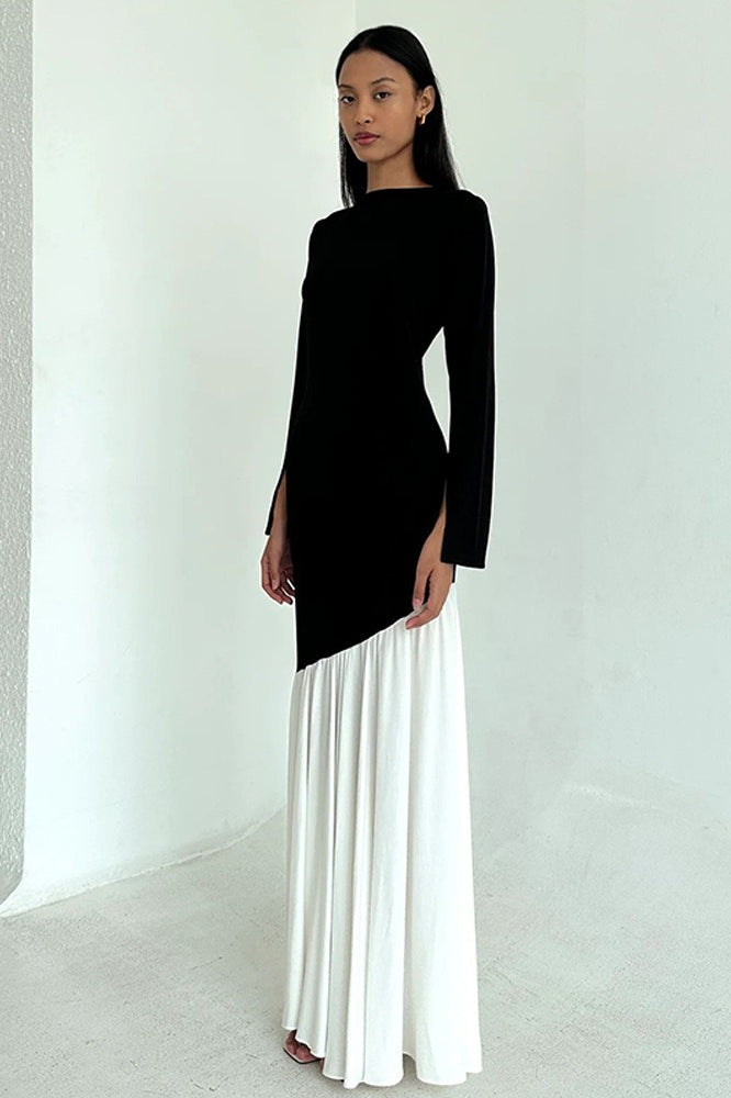 Long Sleeve Diagonal Seam Pleated Tier Maxi Dress