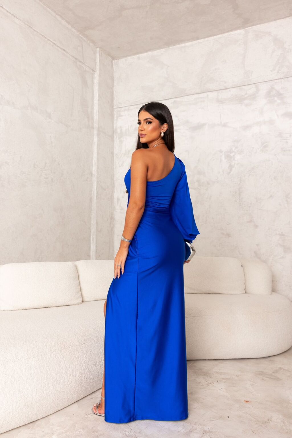 One Shoulder Draped Sleeve Ruched Waist High Slit Satin Maxi Dress