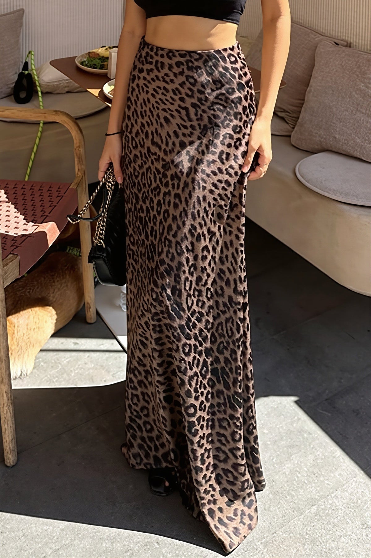 Satin Leopard Print A-Line Maxi Skirt