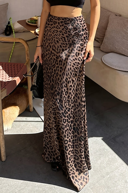 Satin Leopard Print A-Line Maxi Skirt