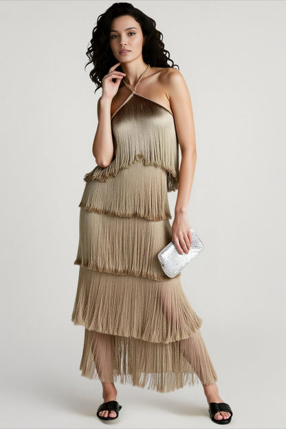 Halter Fringe Backless Slit Column Mini Dress