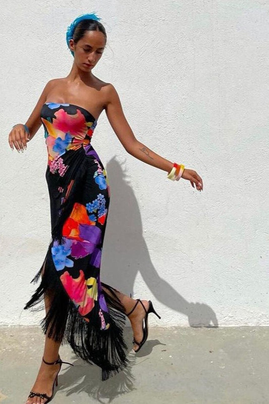 Elegant Floral Print Strapless Vacation Maxi Dress