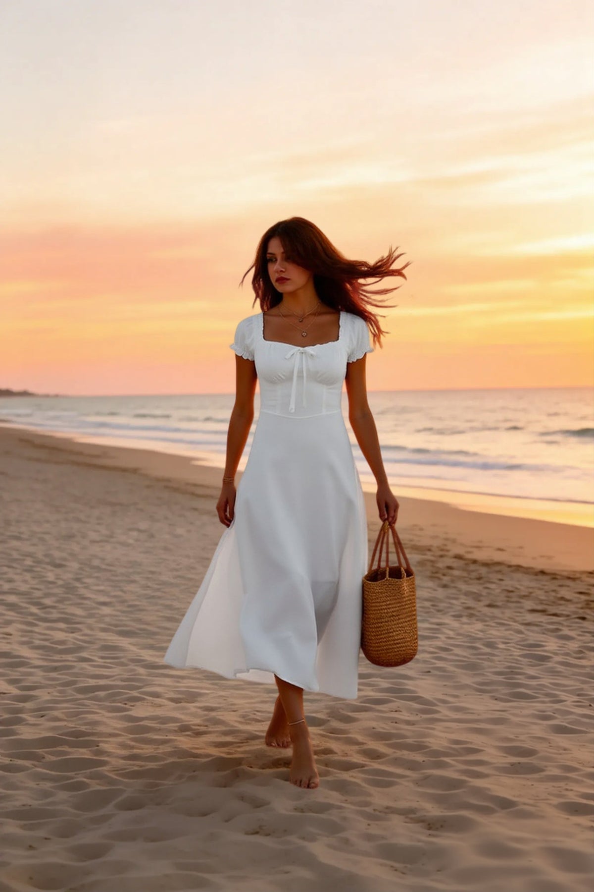 Sweetheart Tie Front Puff Sleeve Fit and Flare Midi Dress