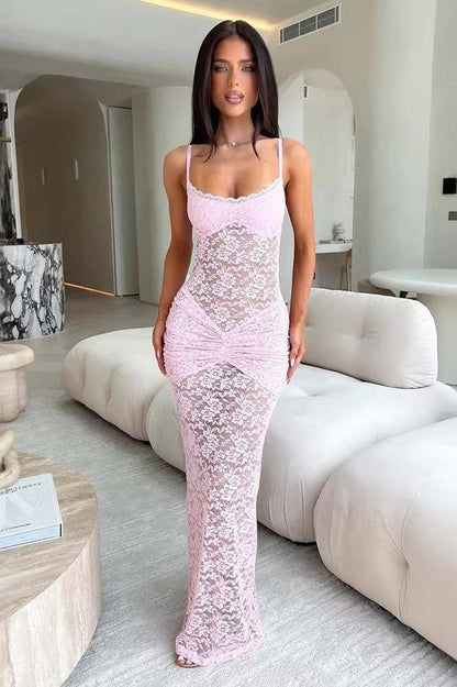 Lace Off-Shoulder Spaghetti Open Slit Slim Lace Dress