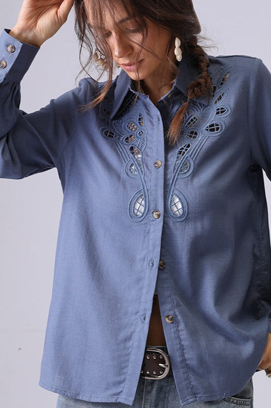Linen Crochet Embroidered Chic Design Fashion Blouse