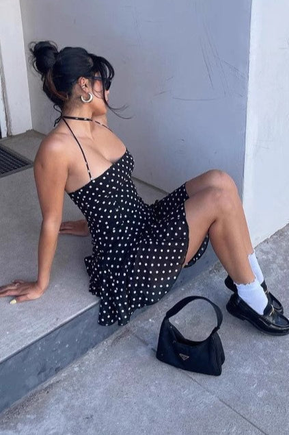 Black Halter Square Neck Flounce Hem Polka Dot Bodycon Mini Dress