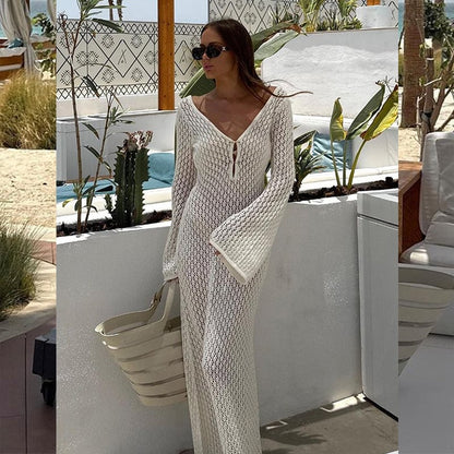 Crochet Deep V-Neck Bell Sleeve Open Knit Maxi Dress