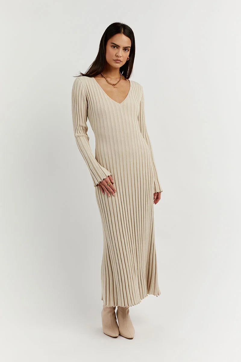 Rib Knit V-Neck Bell Sleeve Lettuce Hem Maxi Dress