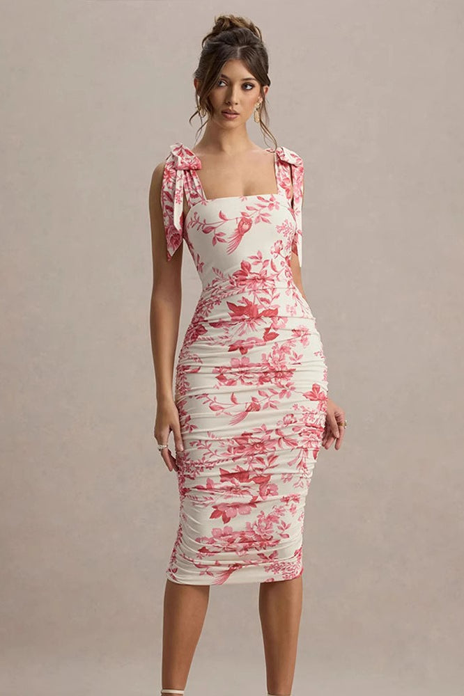 Vintage Print Ruched Midi Dress