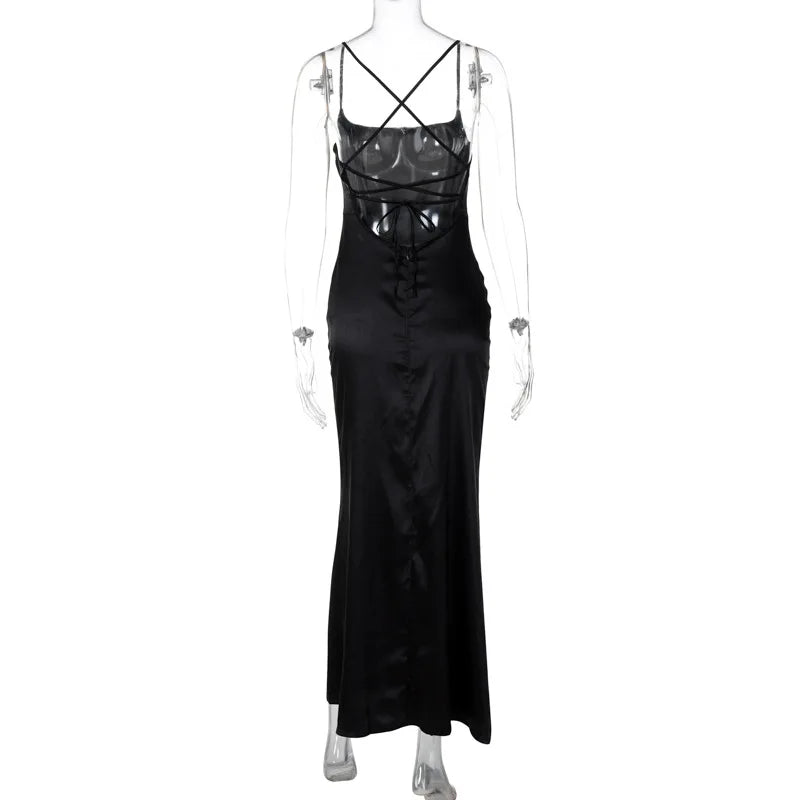 Backless Floral Strap Long Dress Women's Summer Fashion Solid Color Slim Strap One-Neck Evening Dress Elegant Long Dress