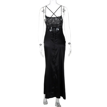 Backless Floral Strap Long Dress Women's Summer Fashion Solid Color Slim Strap One-Neck Evening Dress Elegant Long Dress