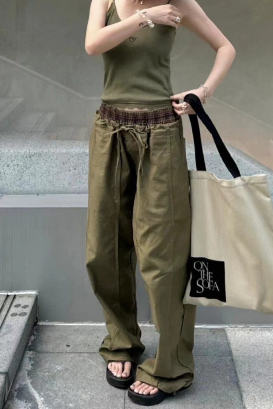 Color Block Plaid Elastic Double Waist Khaki Cargo Casual Pants