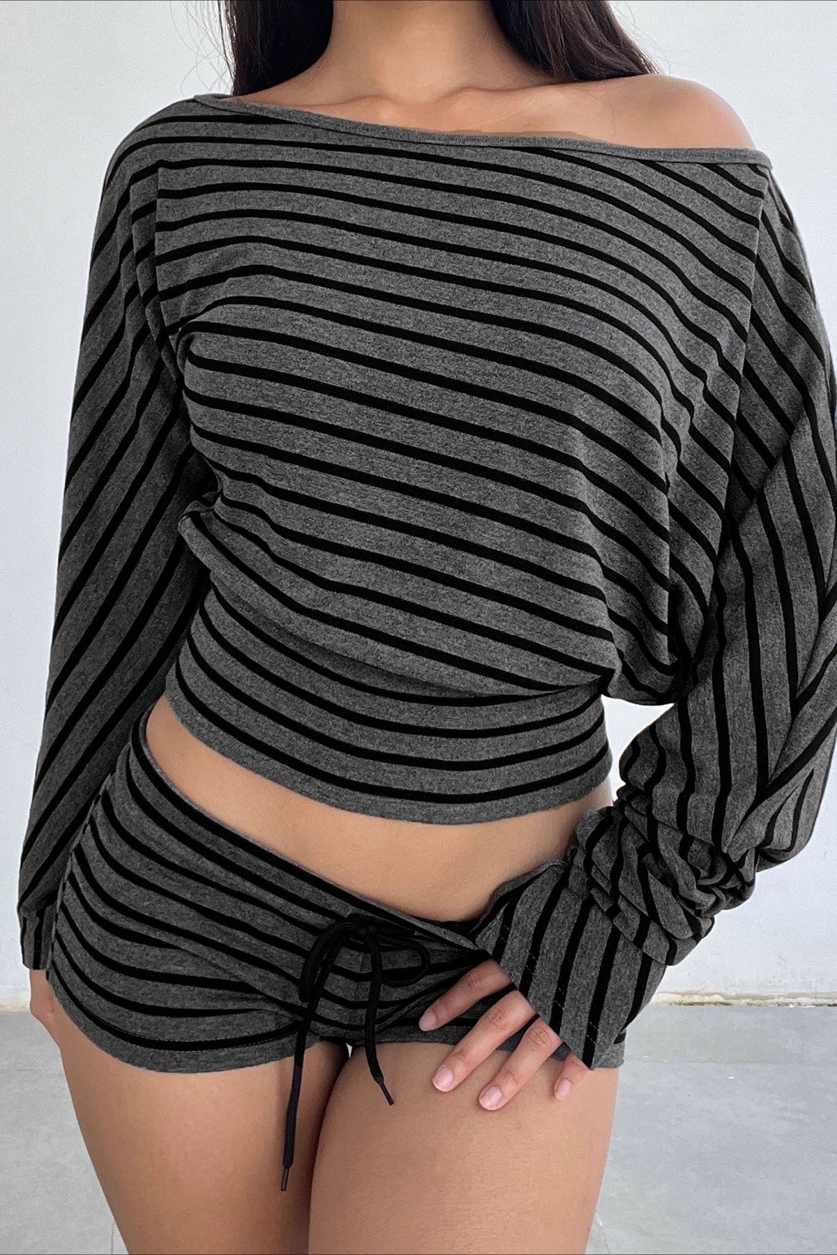 Striped Print Asymmetrical Shoulder Two Piece Set