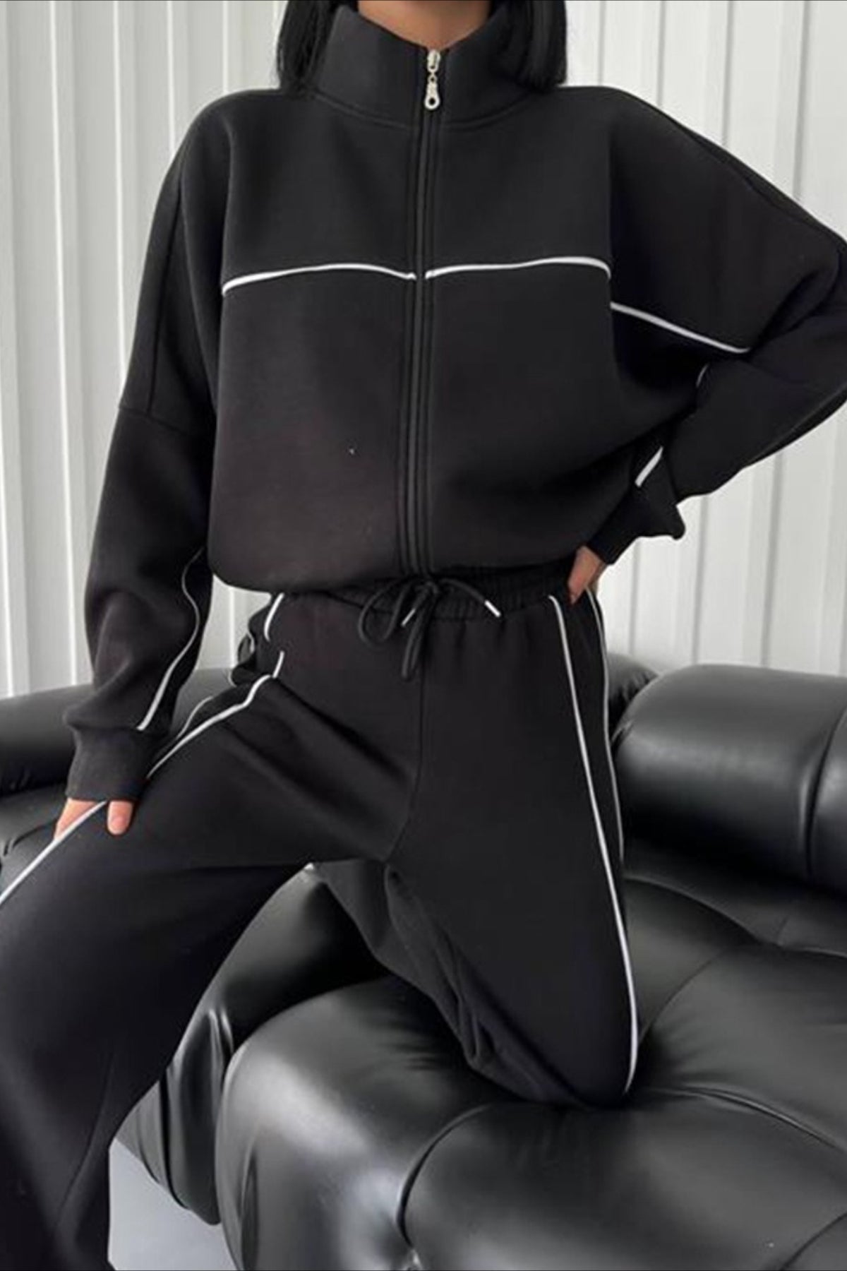 Mock Neck Zip Hoodie Stripe Pants Activewear Set
