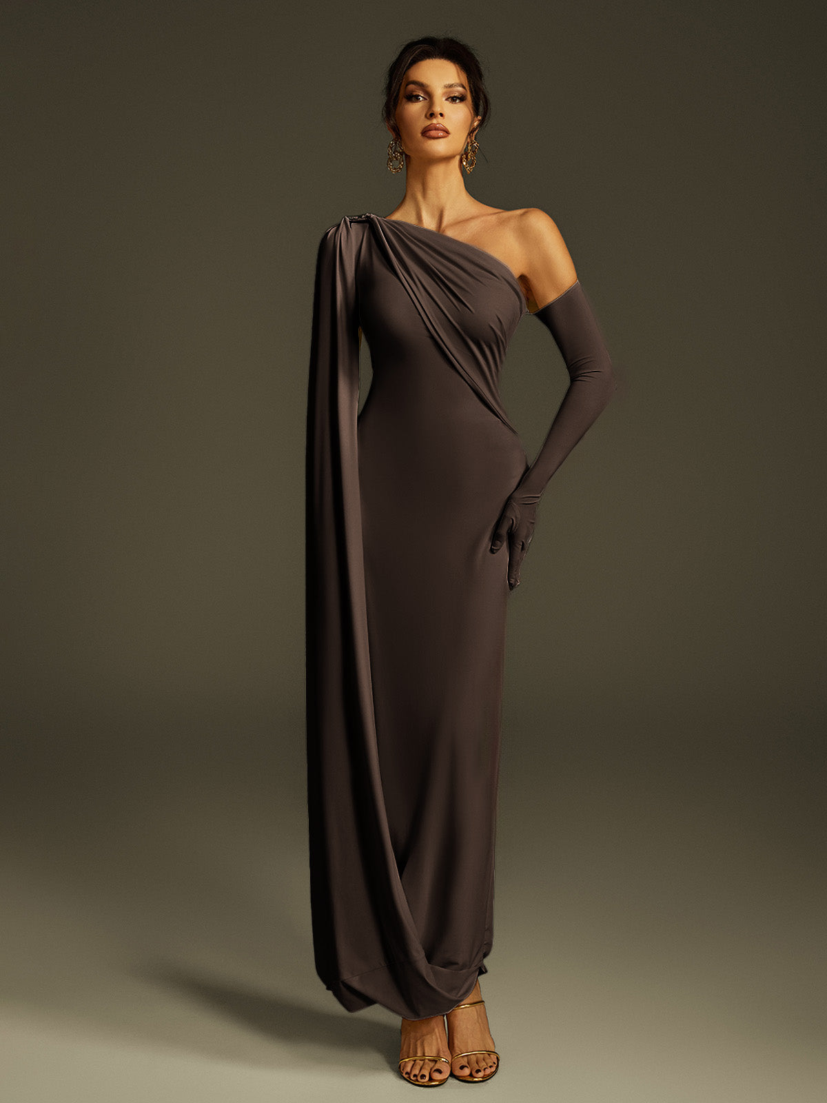 One Shoulder Cape Sleeve Drape Ruched Maxi Dress With Opera Glove