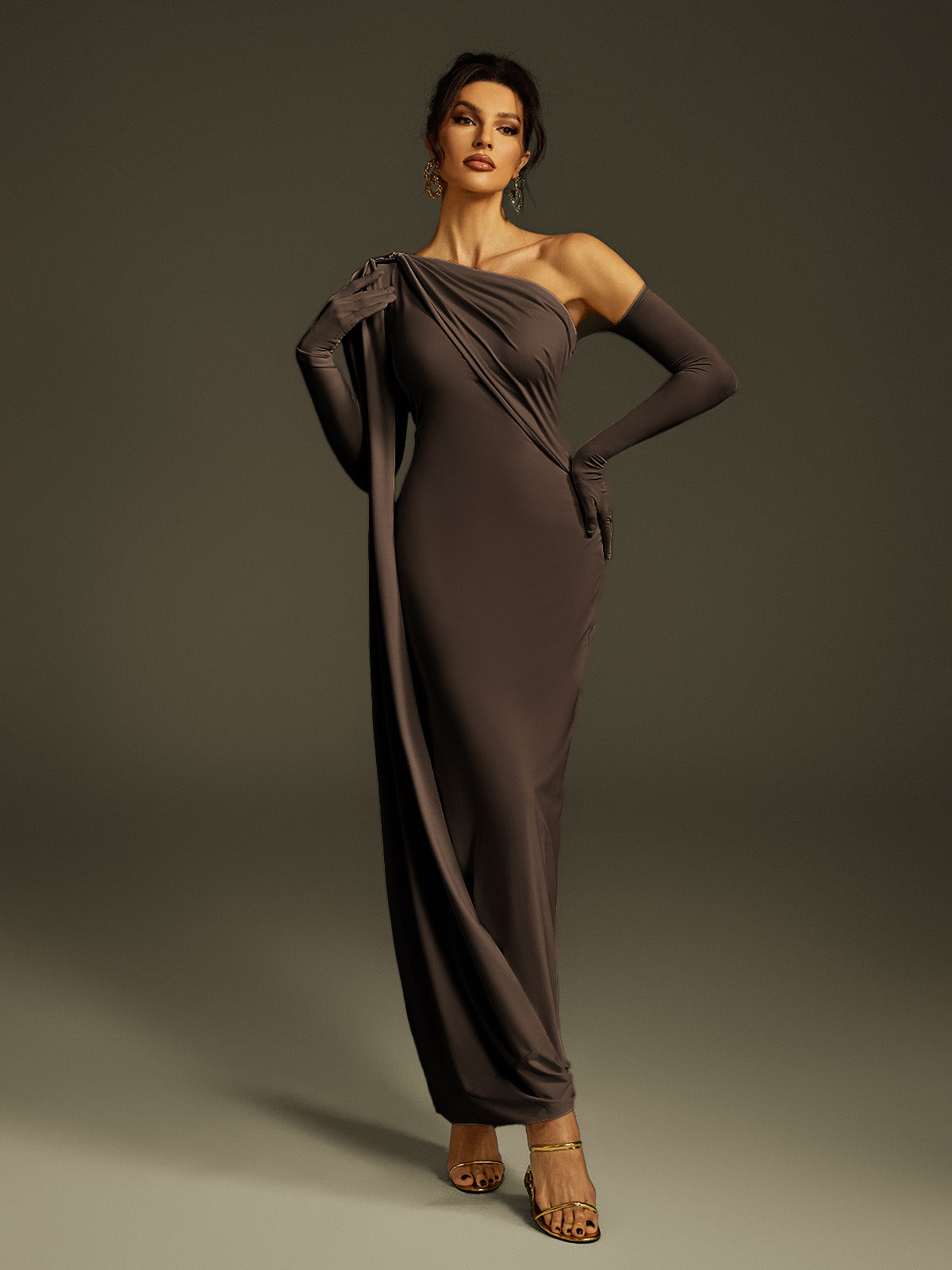 One Shoulder Cape Sleeve Drape Ruched Maxi Dress With Opera Glove