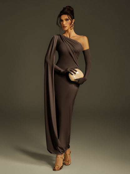 One Shoulder Cape Sleeve Drape Ruched Maxi Dress With Opera Glove