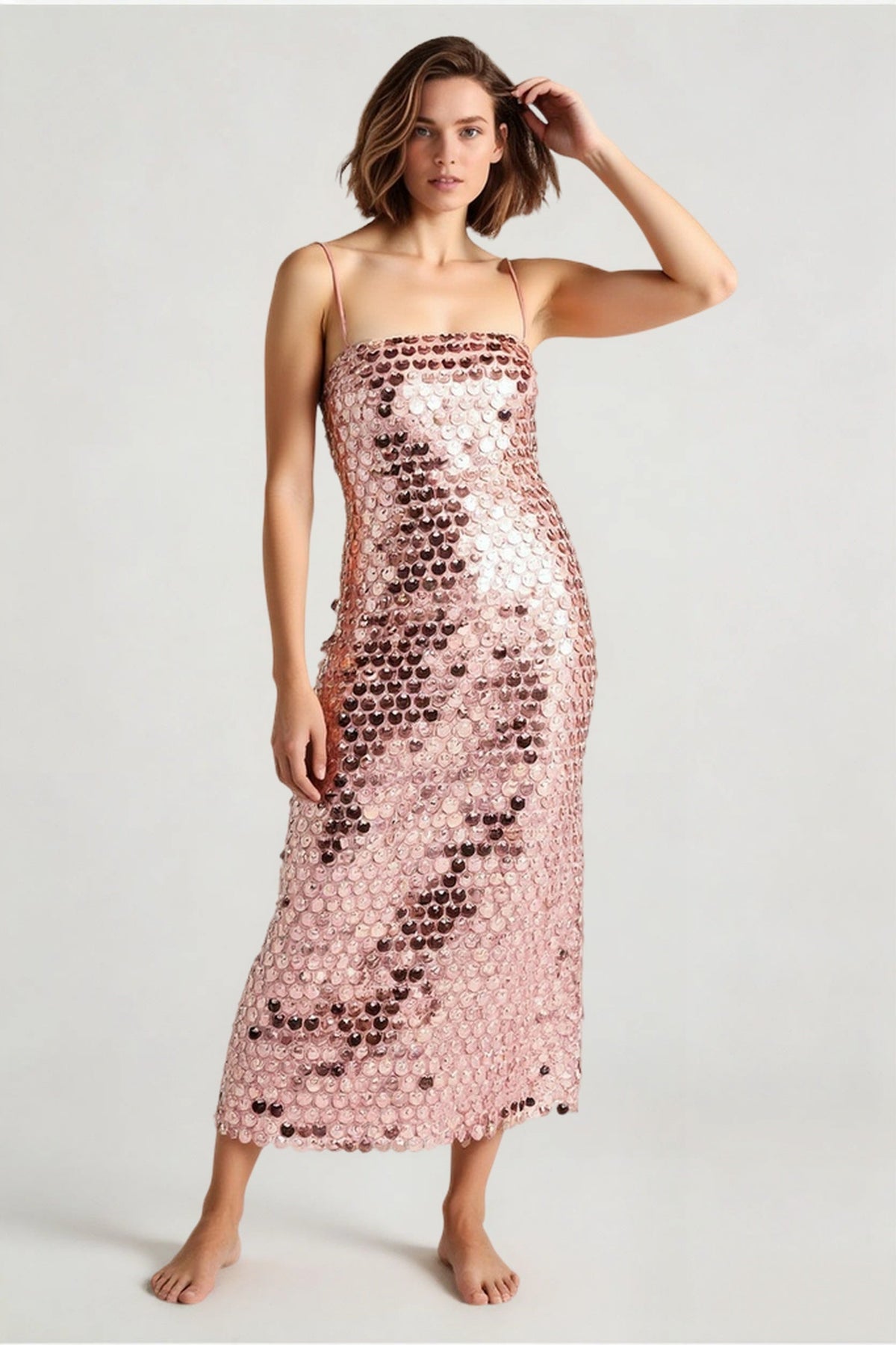 Square Neck Disc Sequin Spaghetti Strap Bodycon Midi Dress