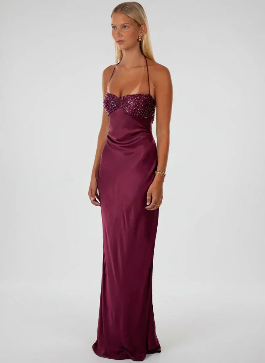 Halter Neck Shimmer Bodice Satin Column Maxi Dress