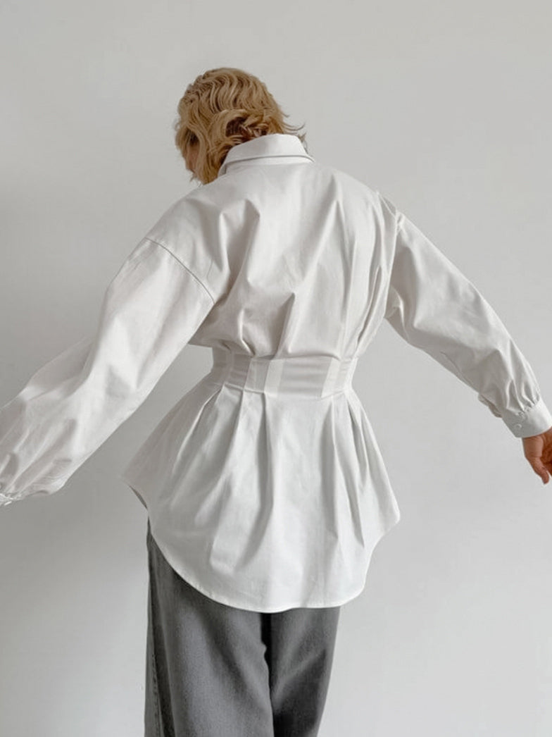 French Chic Long Sleeve Waist-Tied Blouse