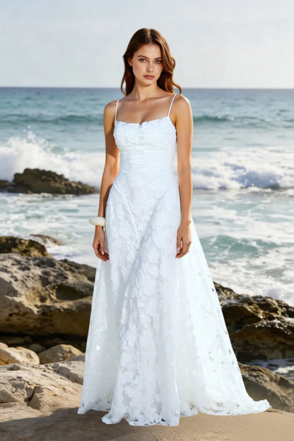 Spaghetti Strap Cowl Neck Floral Lace Floor Length Gown