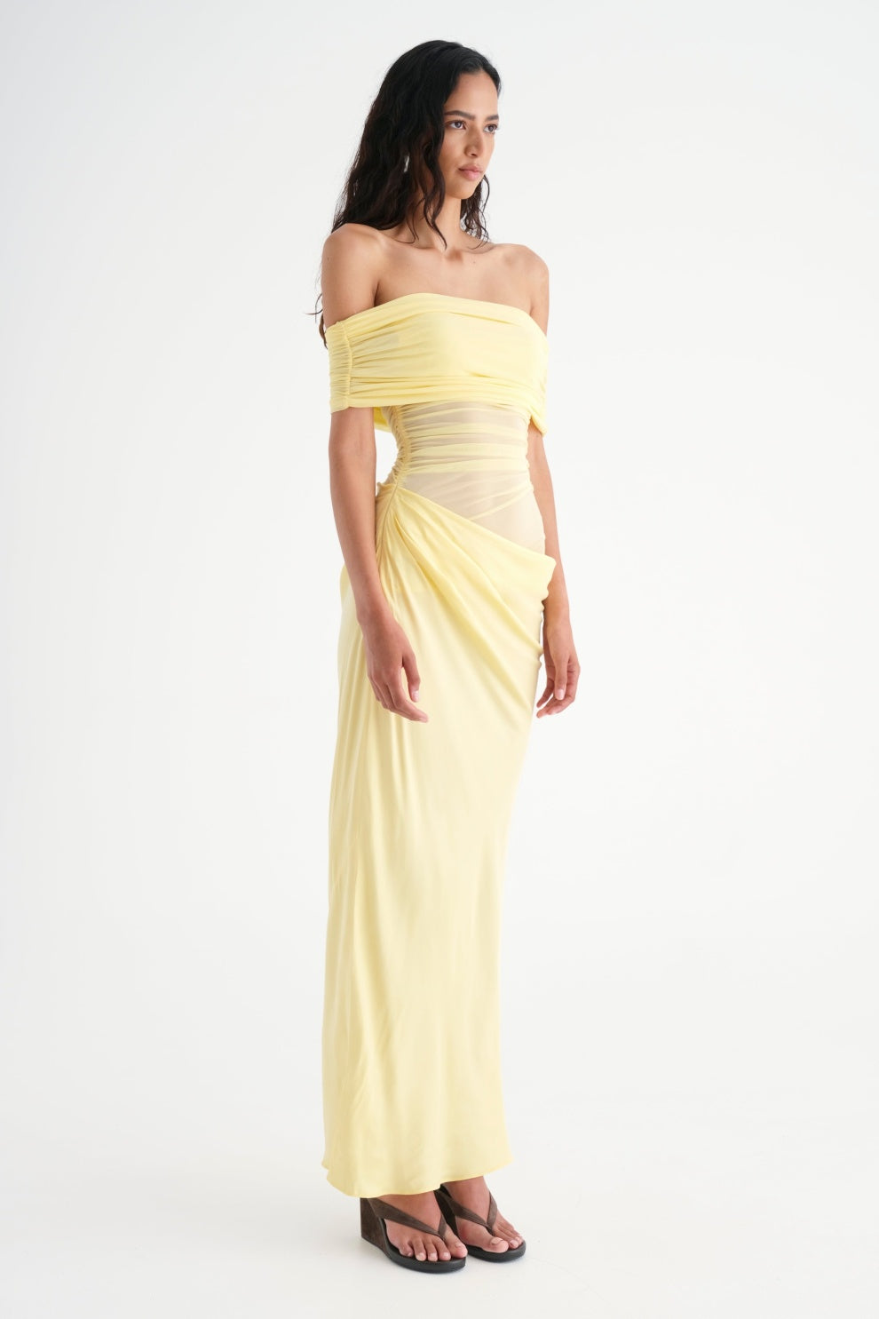 Off Shoulder Ruched Draped Mesh Panel Asymmetric Maxi Gown