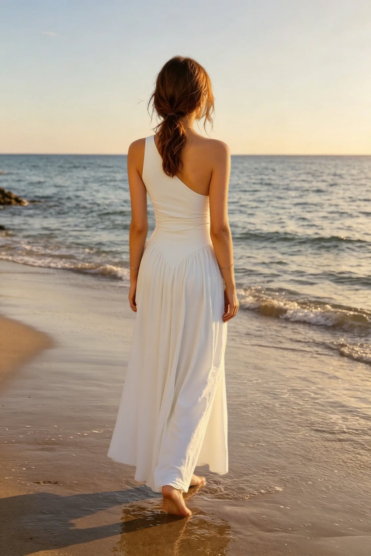 One Shoulder Ruched Pleated A-Line Maxi Dress