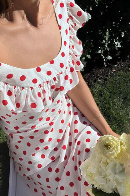 White Polka Dot Cami A-Line Ruffled Maxi Dress