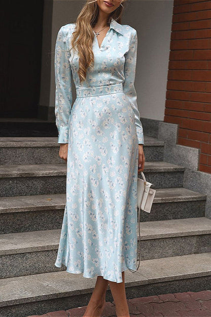 Collared Long Sleeve Satin High Waist Floral Dress