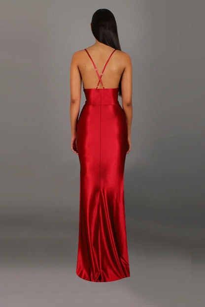 Satin V-Neck Ruched Slit Party Dress
