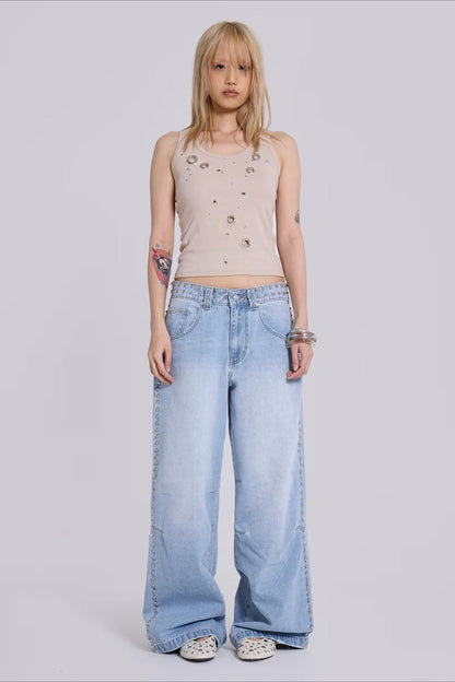 Beaded Wide Leg Denim Jeans