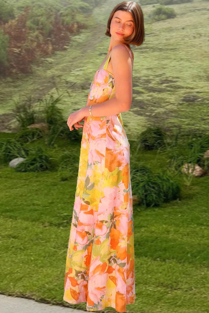 Floral Print Sleeveless Holiday Flowy Maxi Dress