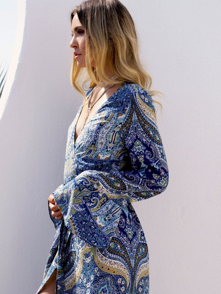 V Neck Bell Sleeve Paisley Print Wrap Tie Tiered Slit Maxi Dress