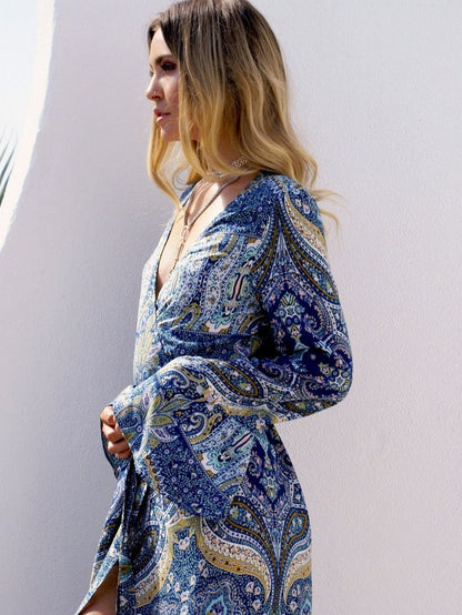 V Neck Bell Sleeve Paisley Print Wrap Tie Tiered Slit Maxi Dress