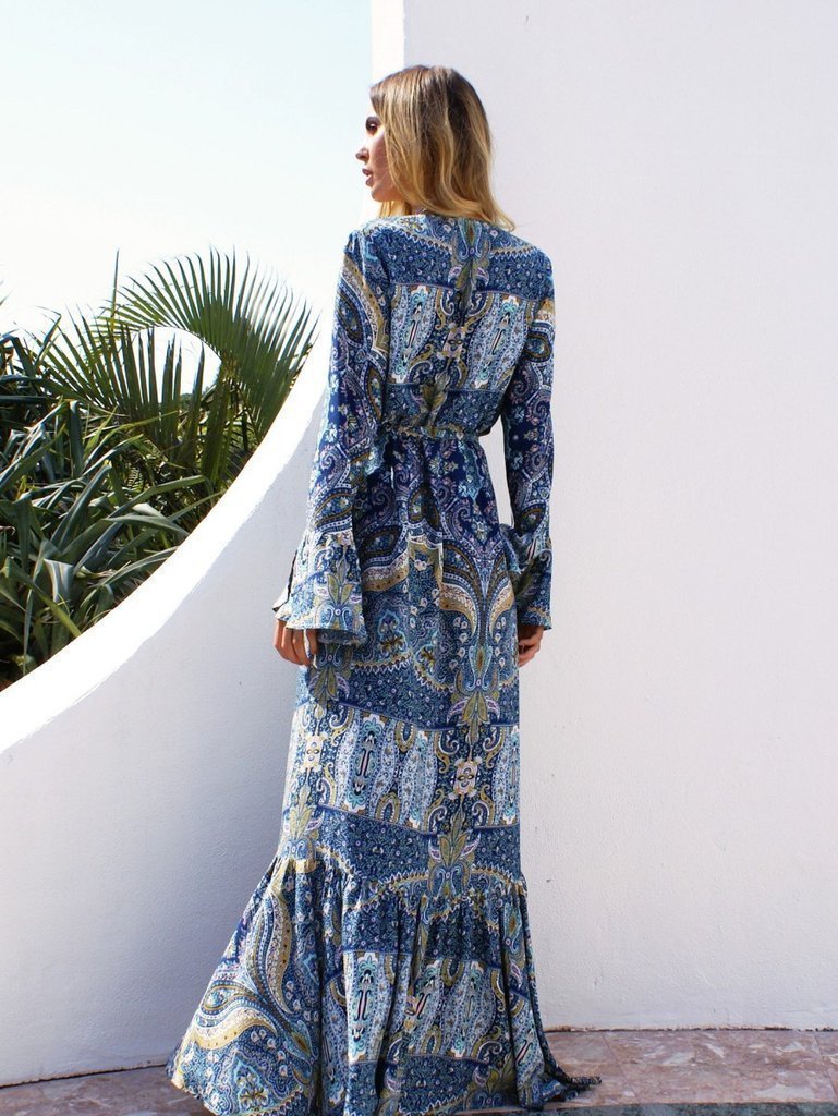 V Neck Bell Sleeve Paisley Print Wrap Tie Tiered Slit Maxi Dress