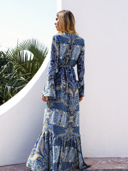 V Neck Bell Sleeve Paisley Print Wrap Tie Tiered Slit Maxi Dress