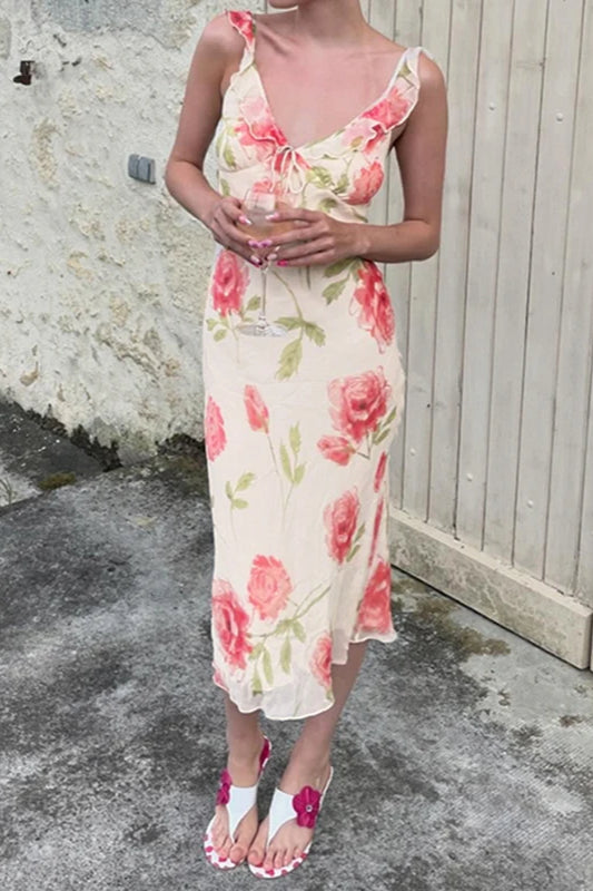 Large Floral Print Ruffle Trim Tie-Front Spaghetti Strap Chiffon Midi Dress