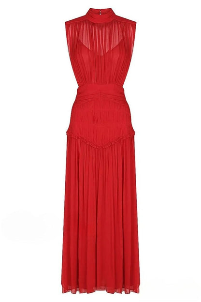 Sleeveless Mock Neck Pleated Waistband Chiffon Maxi Dress
