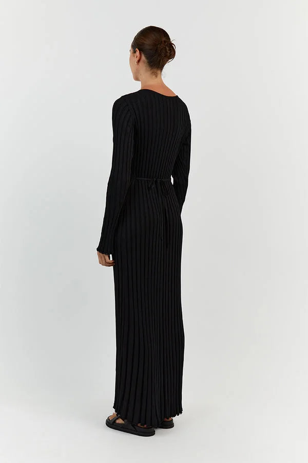 Rib Knit V-Neck Bell Sleeve Lettuce Hem Maxi Dress