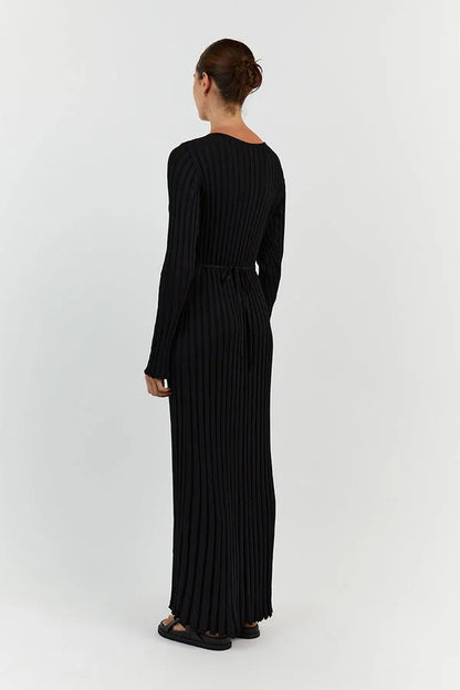 Rib Knit V-Neck Bell Sleeve Lettuce Hem Maxi Dress