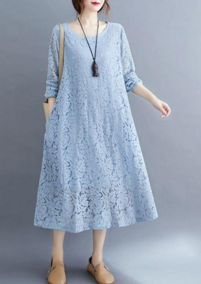 Round Neck Three Quarter Sleeve Floral Lace Overlay Shift Midi Dress