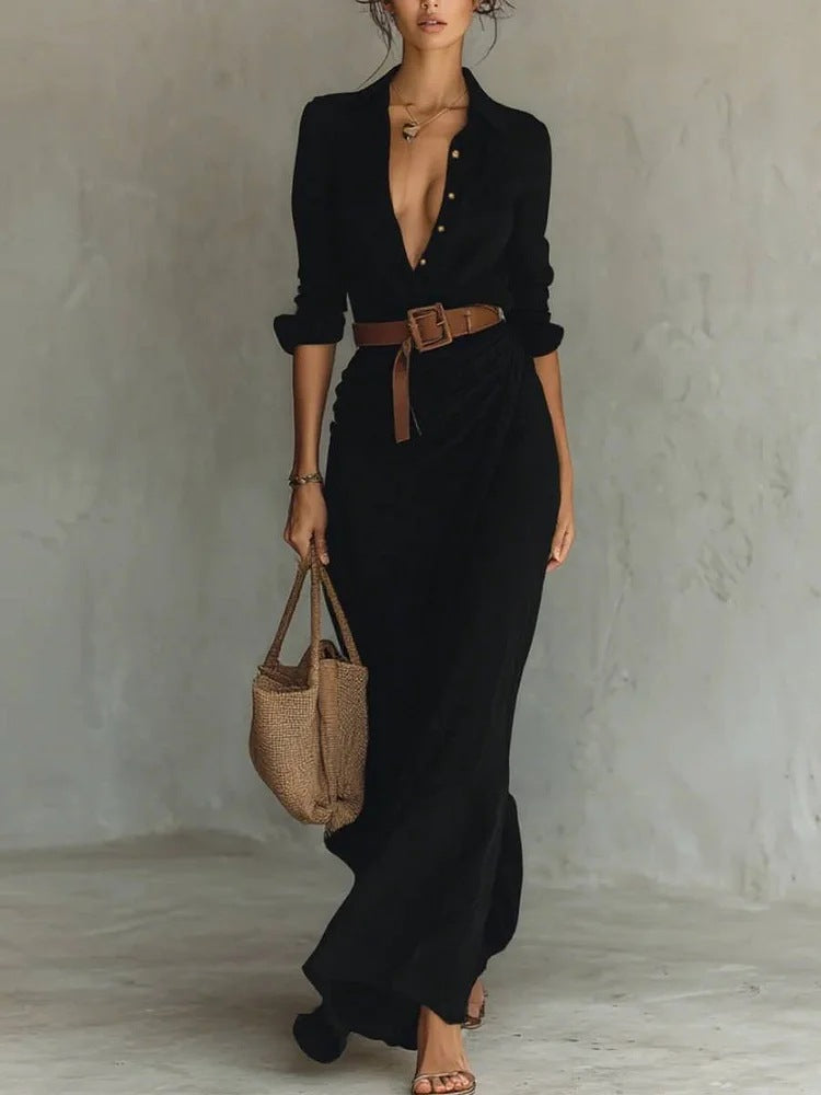 Collared Button Front Long Sleeve Belted Draped Wrap Maxi Dress