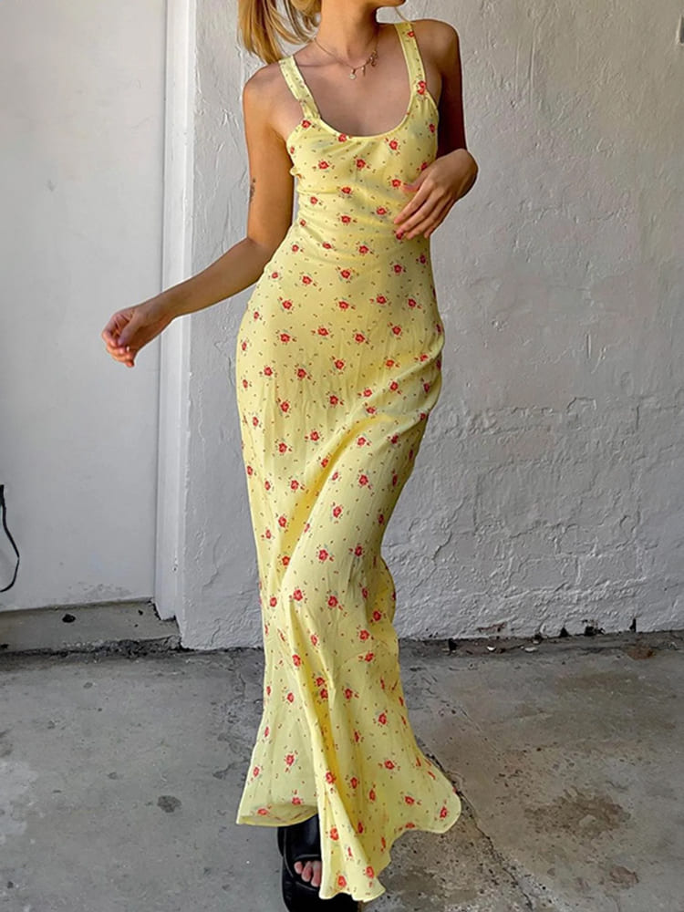 Ditsy Floral Scoop Neck Tank Strap Bodycon Maxi Slip Dress
